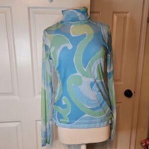 Topshop Blue And Green Brushstroke Print Mesh Top W/ Cami